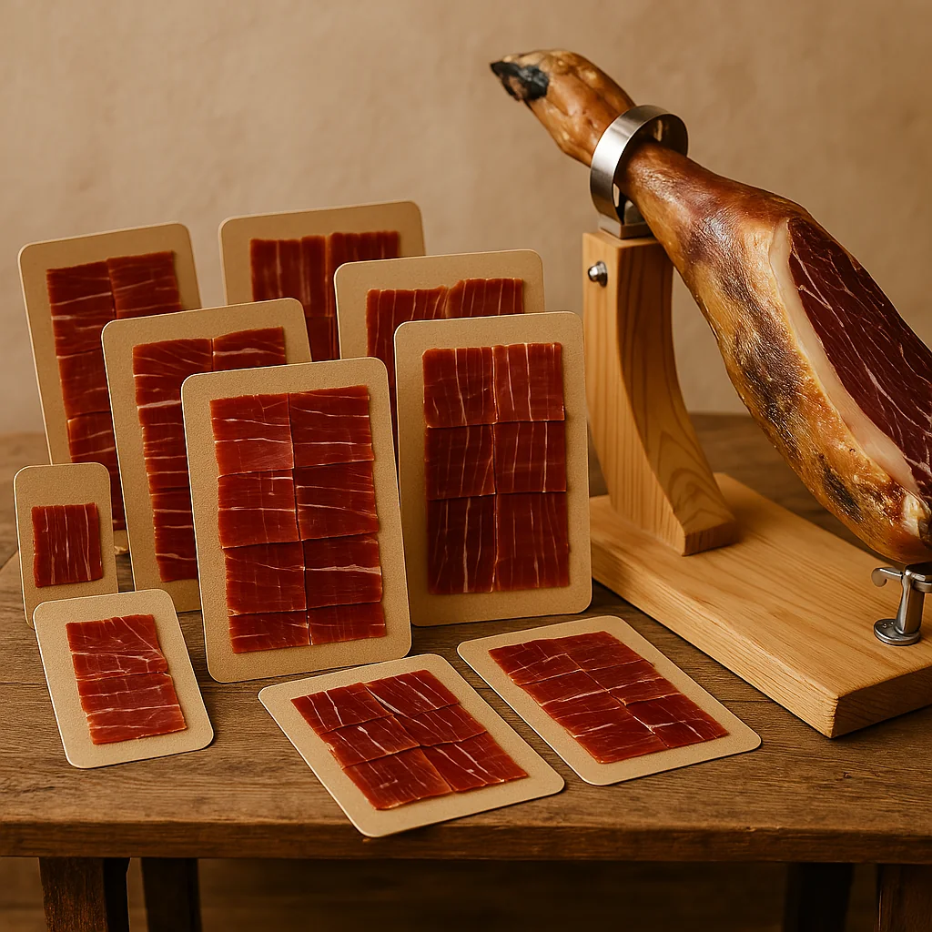 Jamón loncheado sobre soportes de cartón