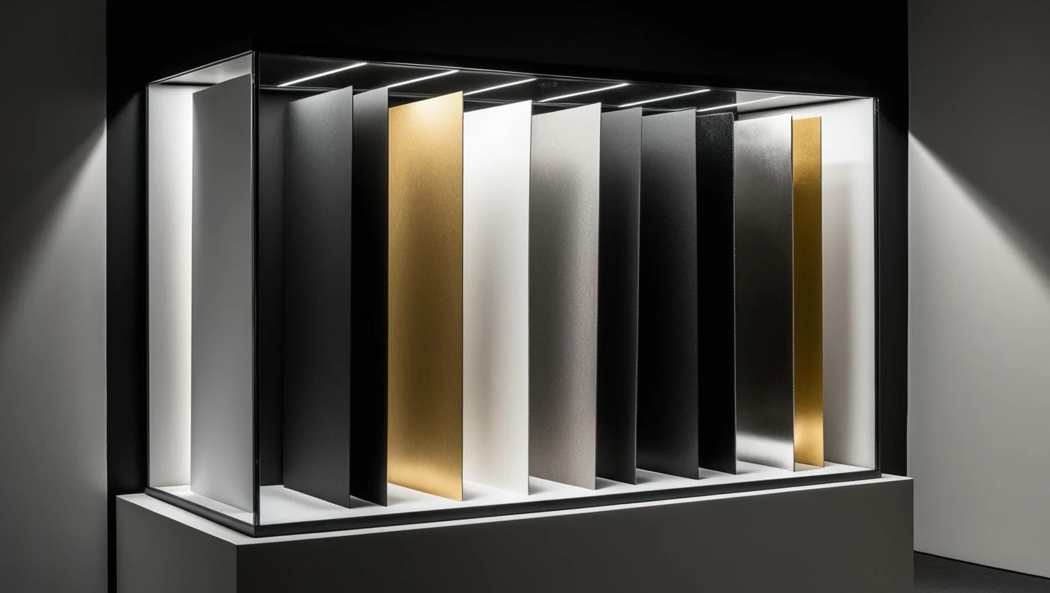 Soportes y láminas de packaging en blanco, negro, plata y dorado